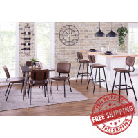 Lumisource B30-FNDY BK+CG2 Foundry Contemporary Barstool in Black Metal and Cognac Faux Leather with Brown Zig Zag Stitching - Set of 2